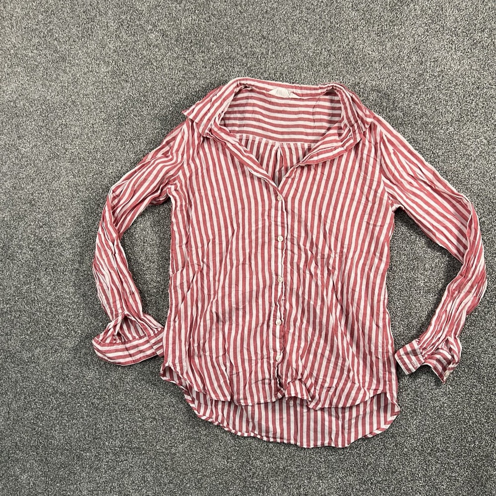 H&M Womens Size 14 Red White Striped Button Up Shirt Blouse Long Sleeve